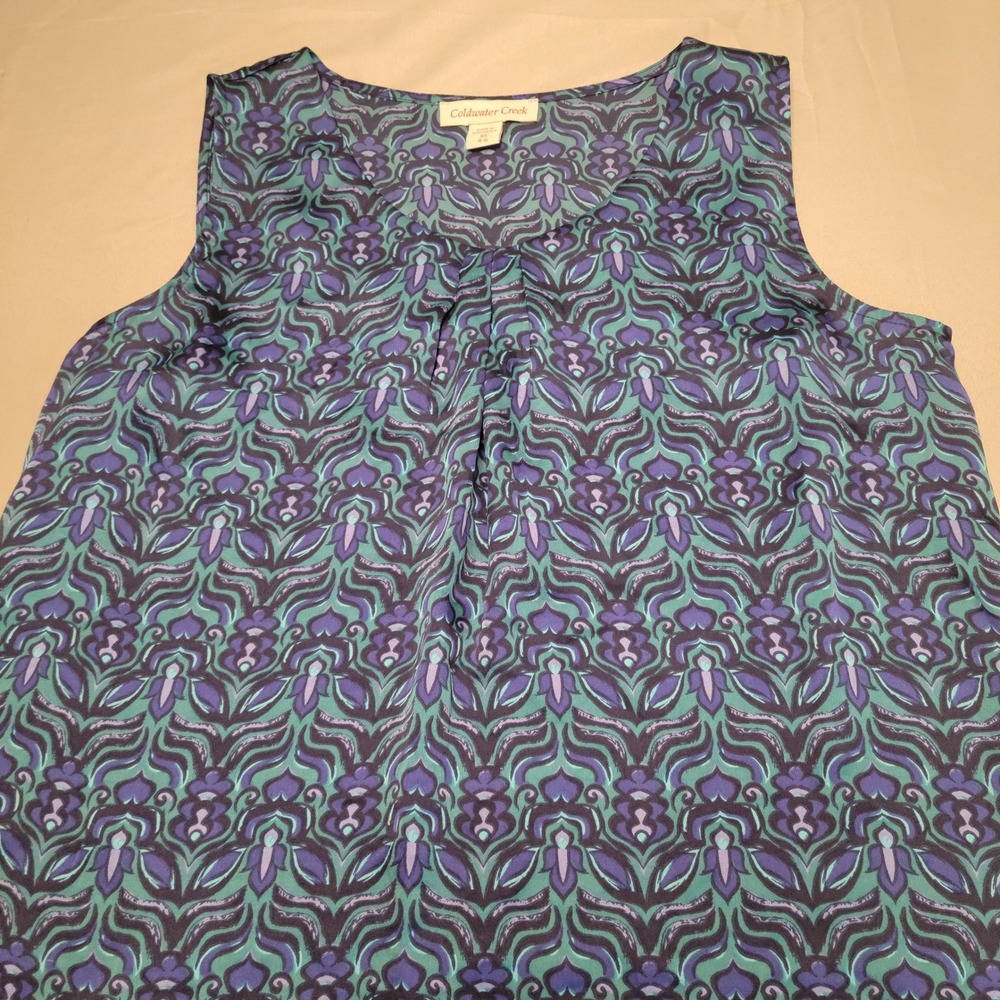 Coldwater Creek Blouse Womens XS Teal Purple Damask‎ Print Sleeveless V-Neck Top